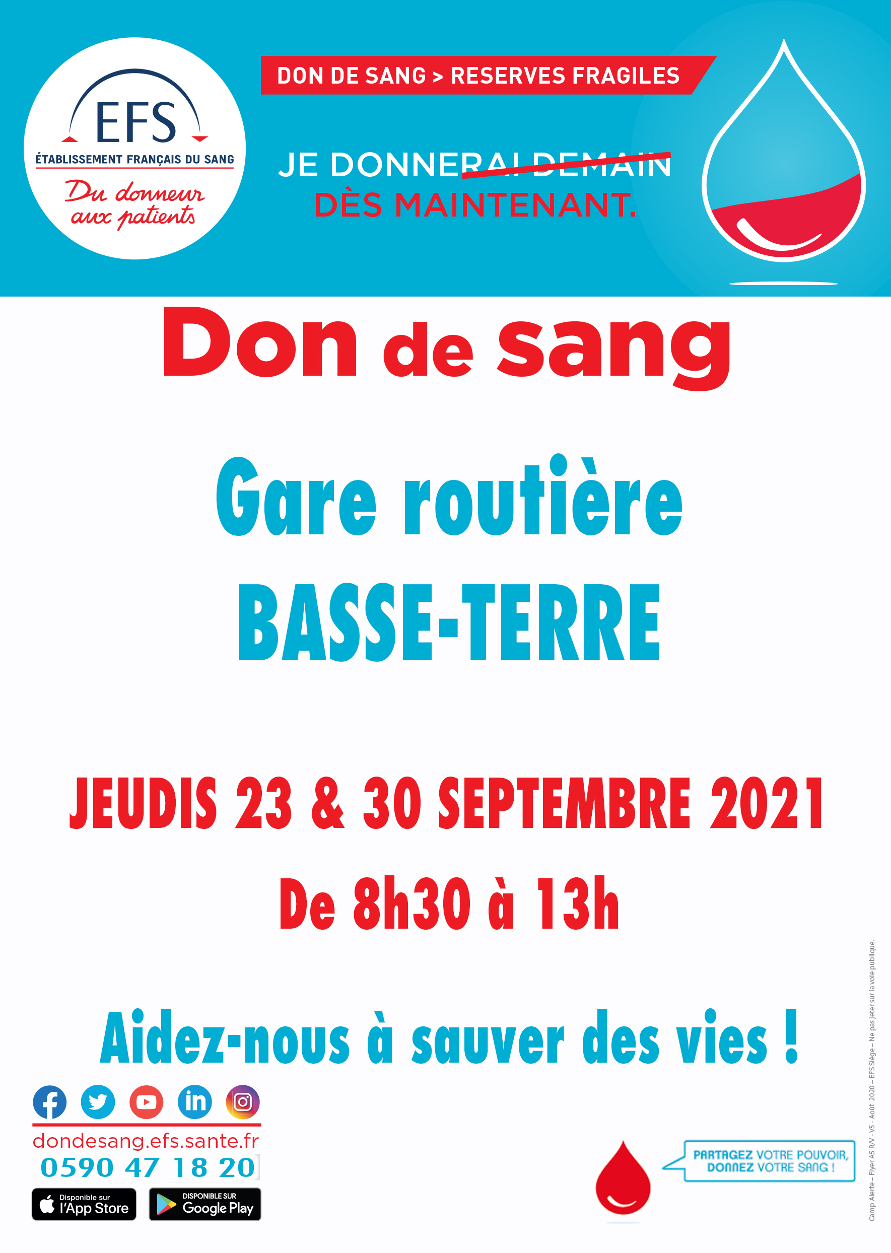 Don du sang les 23 et 30 septembre à la Gare routière de Basse-Terre